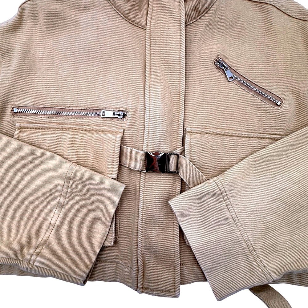 Eggie Utility Cropped Jacket Khaki Tan Cotton Cargo Buckle Pocket Jacket Women's - Picture 8 of 11